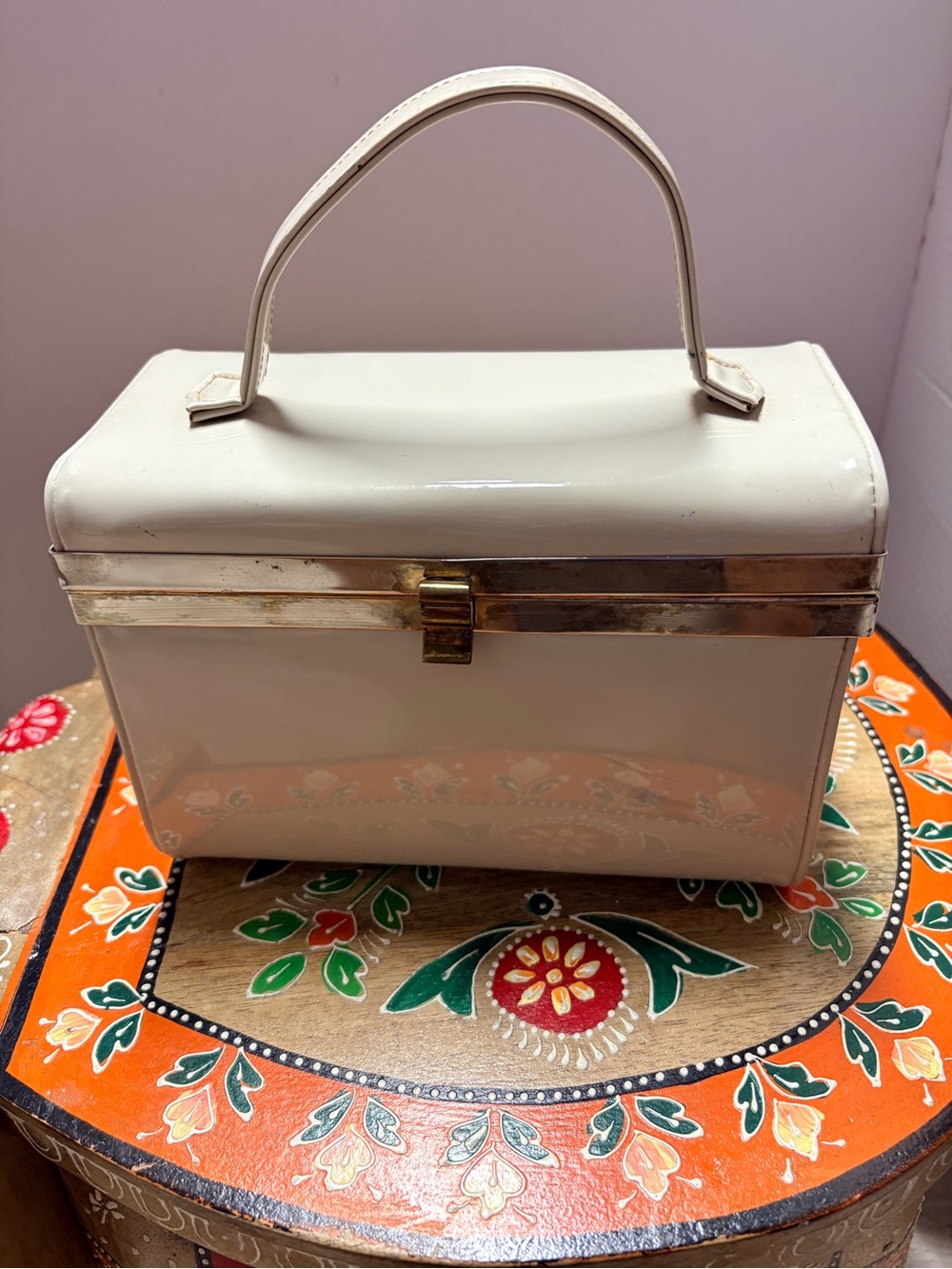 Classic Cream Box Handbag with Gold Trim